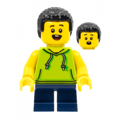 child - boy lime hoodie dark blue short legs black coiled hair