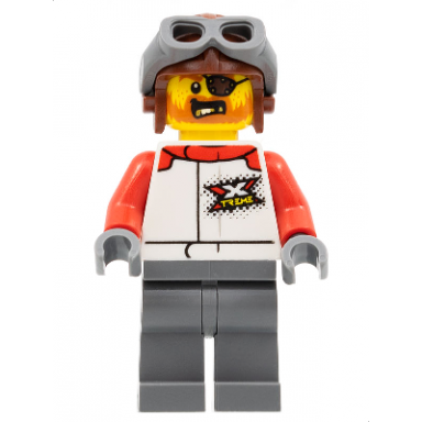 stuntz driver - male white racing jacket with red arms dark bluish gray legs reddish brown aviator cap eye patch