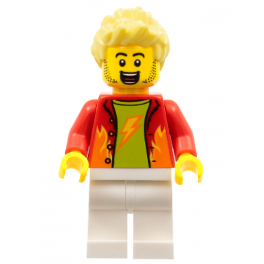 dynamo doug - stuntz announcer red jacket over lime shirt white legs bright light yellow spiked hair
