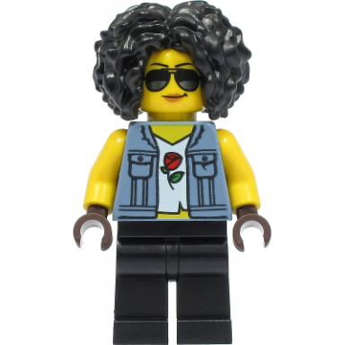 stuntz driver - female sand blue vest over rose shirt black legs black curly hair sunglasses