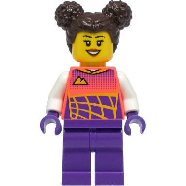 stuntz driver - female coral racing shirt with white arms dark purple legs dark brown hair with buns