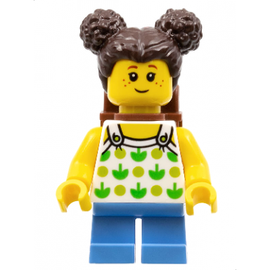 child - girl white halter top with green apples and lime spots medium blue short legs dark brown hair with buns freckles reddish brown backpack