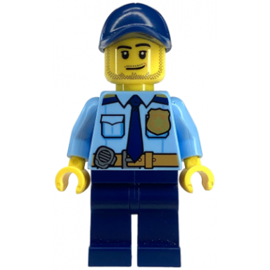 police - city shirt with dark blue tie and gold badge dark tan belt with radio dark blue legs dark blue cap with hole stubble beard