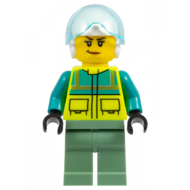 rescue helicopter pilot - female dark turquoise and neon yellow safety vest sand green legs white helmet trans-light blue visor