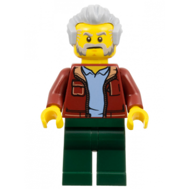 man dark red jacket with bright light blue shirt dark green legs light bluish gray hair beard and sideburns rescue helicopter transport driver