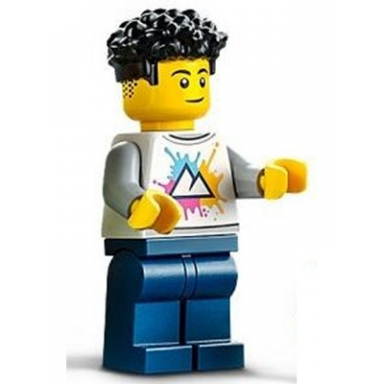 hospital visitor - male white shirt with mountains logo dark blue legs black coiled hair