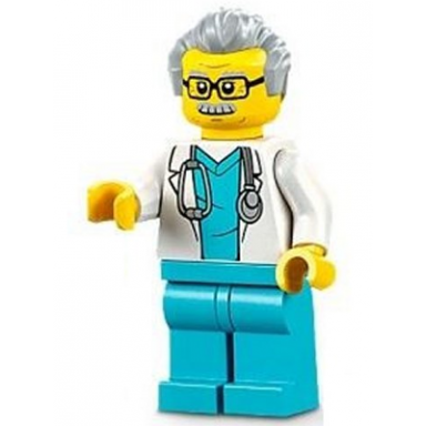 doctor - male white lab coat with stethoscope medium azure scrubs light bluish gray hair glasses