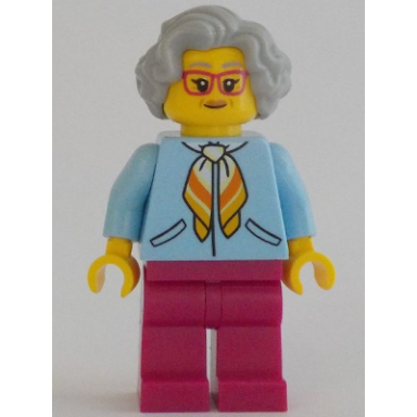woman bright light blue jacket magenta legs light bluish gray hair magenta glasses