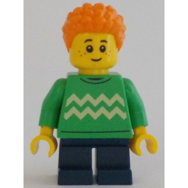 child - boy bright green sweater with bright light yellow zigzag lines dark blue short legs orange short coiled hair freckles