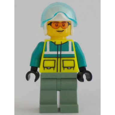 rescue helicopter pilot - male dark turquoise and neon yellow safety vest sand green legs white helmet trans-light blue visor safety glasses