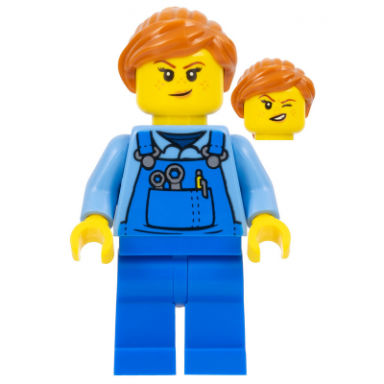 janitor - female blue overalls over medium blue shirt blue legs dark orange hair back print