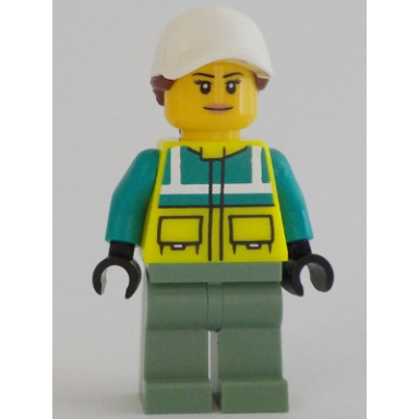 ambulance driver - female dark turquoise and neon yellow safety vest sand green legs white cap with reddish brown ponytail hair