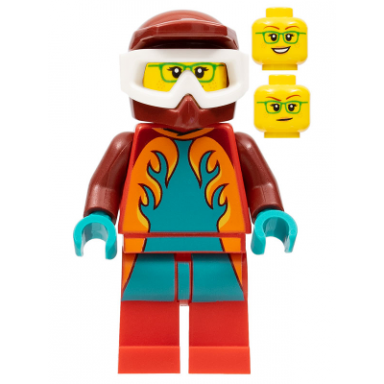 freya mccloud - stuntz driver dark red jumpsuit with dark turquoise and orange flames red legs dark red dirt bike helmet white goggles