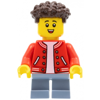 boy red jacket with striped trim sand blue short legs dark brown hair