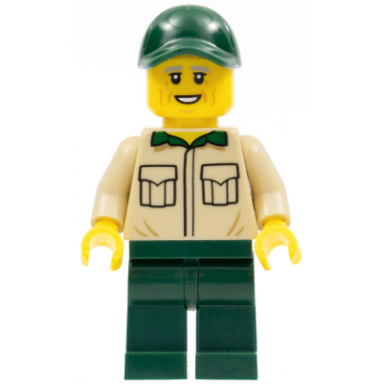 park worker male with tan shirt with pockets dark green legs and cap