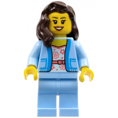 female - bright light blue jacket over white shirt with coral flowers bright light blue legs dark brown hair