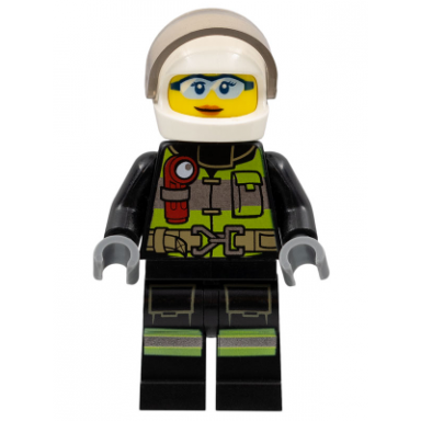 fire - reflective stripes with utility belt and flashlight white helmet trans-brown visor safety glasses peach lips closed mouth smile