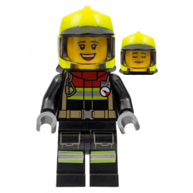 fire - female black jacket and legs with reflective stripes and red collar neon yellow fire helmet trans-brown visor sarah feldman