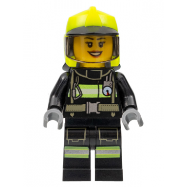 fire - female black jacket and legs with reflective stripes neon yellow fire helmet trans-brown visor
