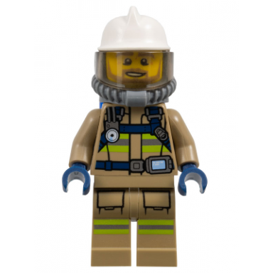 fire - reflective stripes dark tan suit white fire helmet open mouth with beard breathing neck gear with blue air tanks