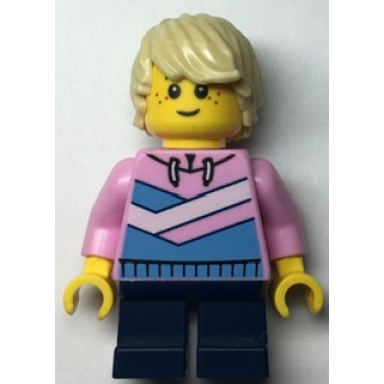 child - boy bright pink hoodie with medium blue and white diagonal stripes dark blue short legs tan tousled hair freckles