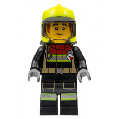 fire - male black jacket and legs with reflective stripes and red collar neon yellow fire helmet trans-brown visor dark orange sideburns bob