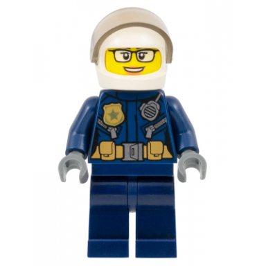 police - city motorcyclist female leather jacket with gold badge and utility belt white helmet trans-brown visor glasses and open mouth smile