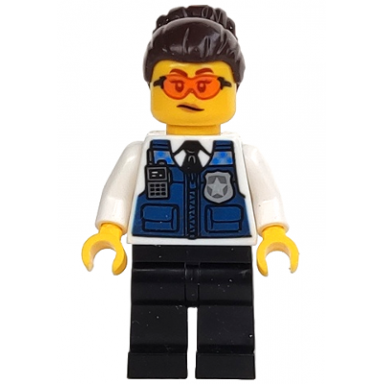 police - officer gracie goodhart dark blue vest black legs dark brown hair with bun safety glasses