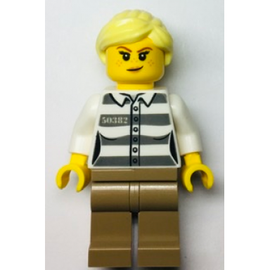 police - jail prisoner 50382 prison stripes female dark tan legs smirk with peach lips and bright light yellow ponytail