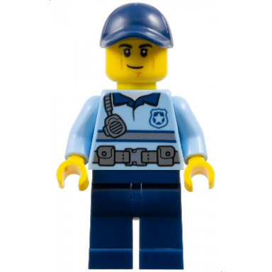 police - city officer bright light blue shirt with silver stripe badge and radio dark blue legs dark blue cap smirk