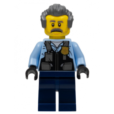 police - officer sam grizzled bright light blue jacket dark blue legs dark bluish gray hair