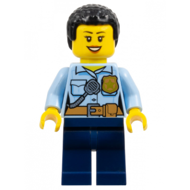 police - city officer female bright light blue shirt with badge and radio dark blue legs short black curly hair