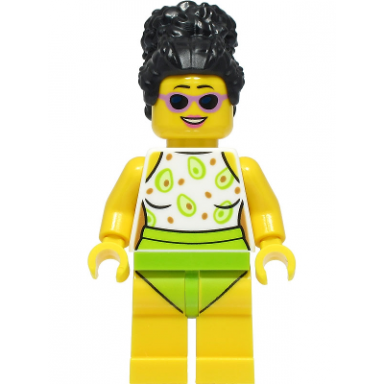 beach tourist - female white and lime swimsuit black hair