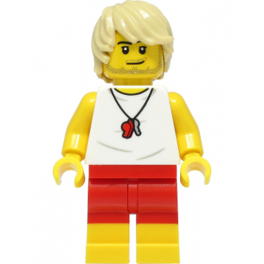 beach lifeguard - male white shirt red shorts tan hair