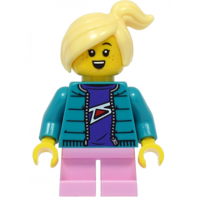 girl - dark turquoise jacket bright pink short legs bright light yellow hair
