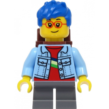 child - girl bright light blue denim jacket dark bluish gray short legs blue hair reddish brown backpack
