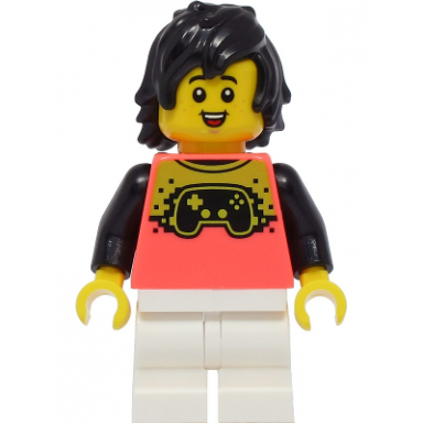 boy - coral shirt with video game controller white medium legs black hair