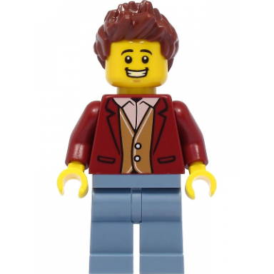 teacher - male dark red suit jacket sand blue legs reddish brown hair