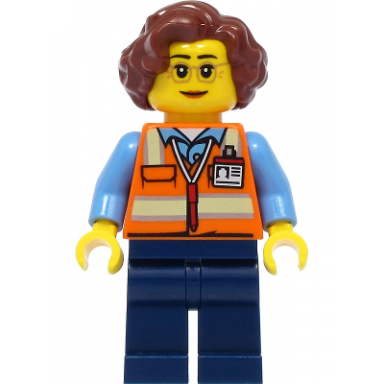 school bus driver - female orange safety vest with reflective stripes dark blue legs reddish brown hair
