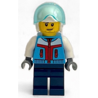stunt plane pilot - male dark azure jacket dark blue legs white helmet trans-light blue visor stubble