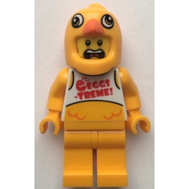 clemmons - stuntz driver bright light orange chicken head helmet white tank top with eggs-treme! bright light orange legs