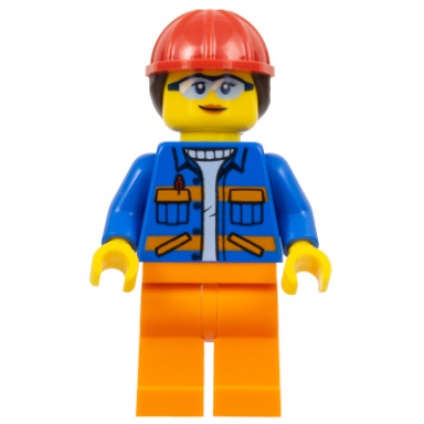 construction worker - female blue jacket with diagonal lower pockets and orange stripes orange legs red construction helmet with dark brown ponytail hair glasses