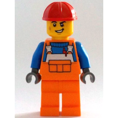 construction worker - male orange overalls with reflective stripe and buckles over blue shirt orange legs red construction helmet lopsided smile