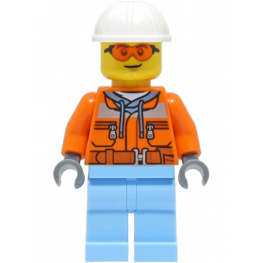 construction worker - male orange safety jacket reflective stripe sand blue hoodie bright light blue legs white construction helmet safety glasses