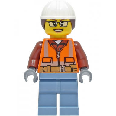 construction worker - female orange safety vest reflective stripes reddish brown shirt sand blue legs white construction helmet with dark brown ponytail hair glasses
