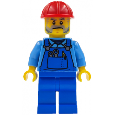 mechanic - male blue overalls over medium blue shirt blue legs red construction helmet beard back print