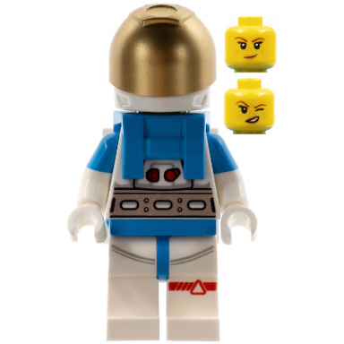 lunar research astronaut - female white and dark azure suit white helmet metallic gold visor freckles