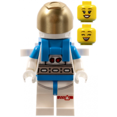 lunar research astronaut - female white and dark azure suit white helmet metallic gold visor backpack clips open mouth smile