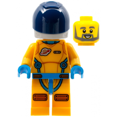 lunar research astronaut - male bright light orange and dark azure suit white helmet dark blue visor beard