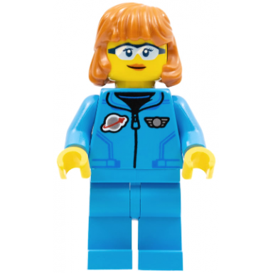 lunar research astronaut - female dark azure jumpsuit dark orange hair safety glasses